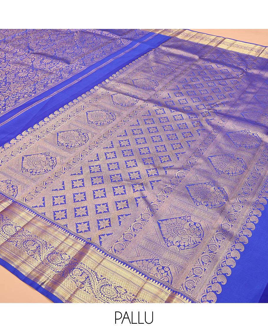 Royal blue jacquard kanchipuram silk saree, zari border of thazampoo rekku, muthu, kathir, kuyil kann, and dhavana kodi designs, and intricate pallu - Image 5