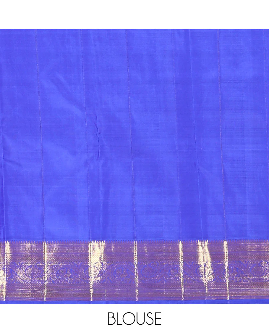 Royal blue jacquard kanchipuram silk saree, zari border of thazampoo rekku, muthu, kathir, kuyil kann, and dhavana kodi designs, and intricate pallu - Image 6
