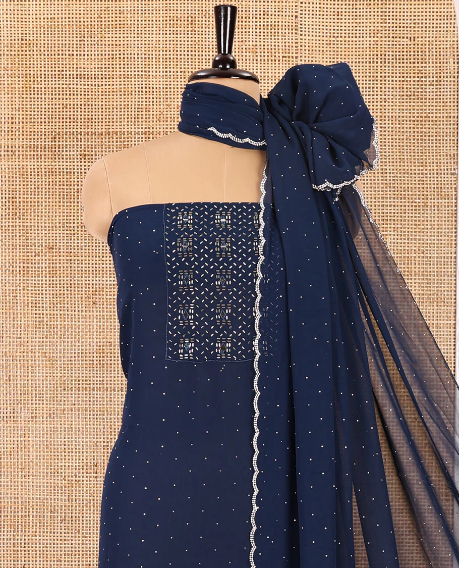 Royal blue material chudidar set, silver stone embroidered with neck bead work georgette top, santoon plain botom, and scallop swarovski stone work dupatta - Image 3