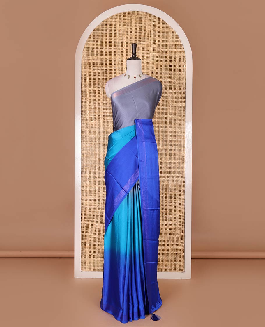 Royal blue ombre full-plain satin crepe saree, copper zari border, and plain blouse - Image 2