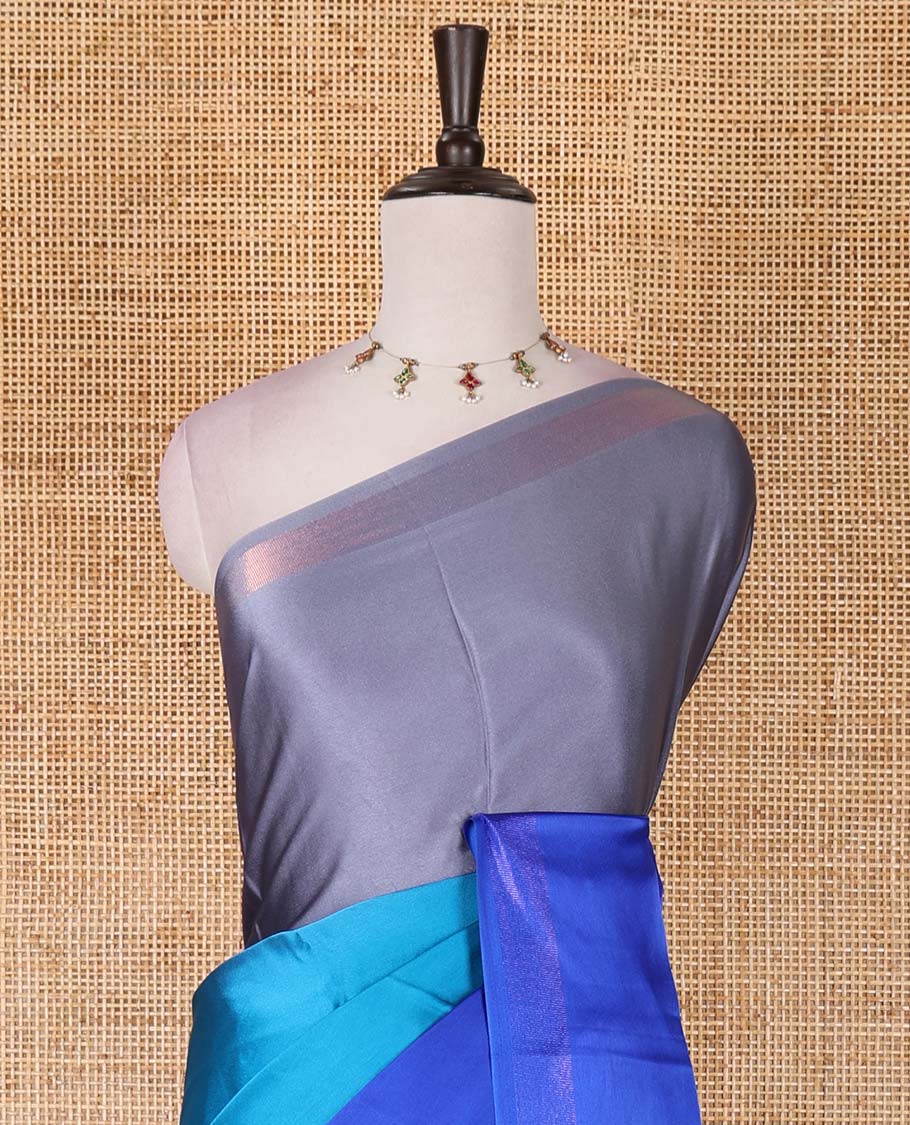 Royal blue ombre full-plain satin crepe saree, copper zari border, and plain blouse - Image 3