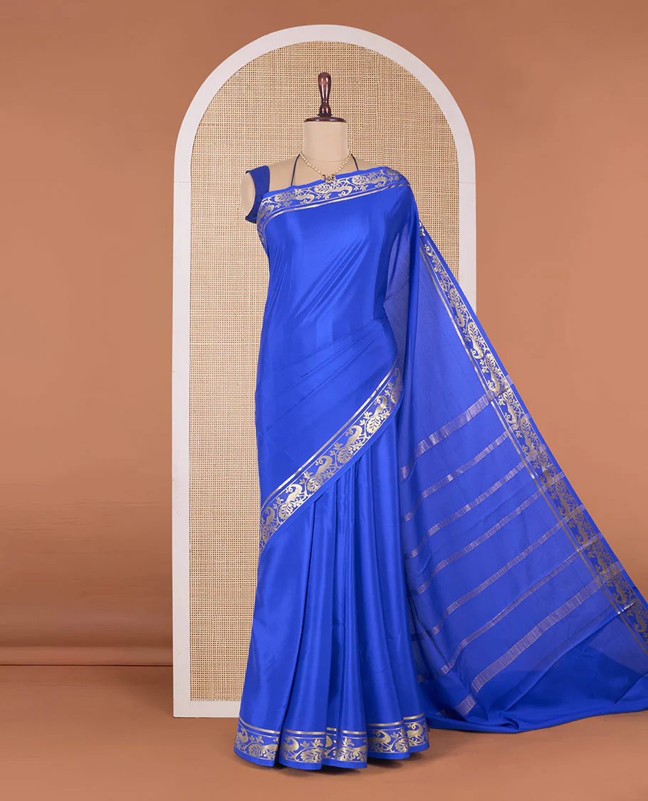 Royal blue plain Mysore silk saree, peacock motifs zari border l, and zari striped pallu - Image 2