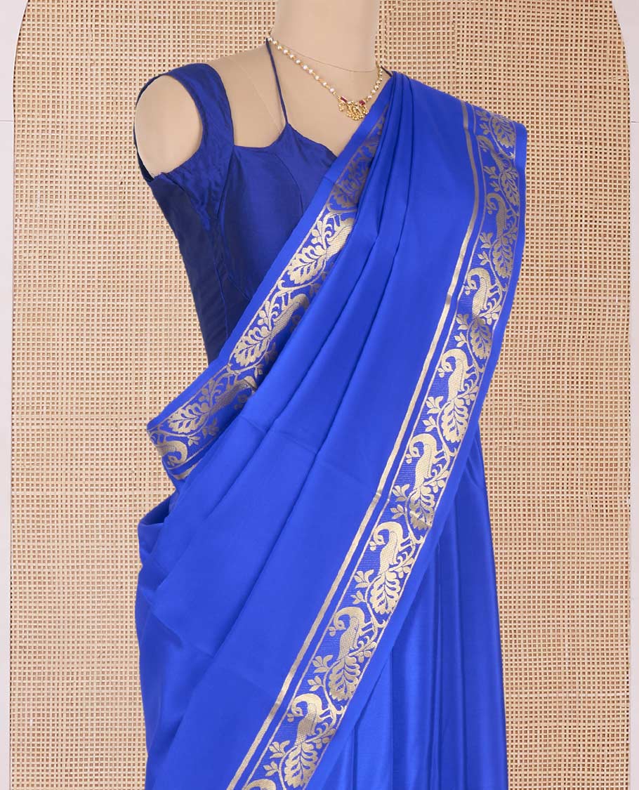 Royal blue plain Mysore silk saree, peacock motifs zari border l, and zari striped pallu - Image 3