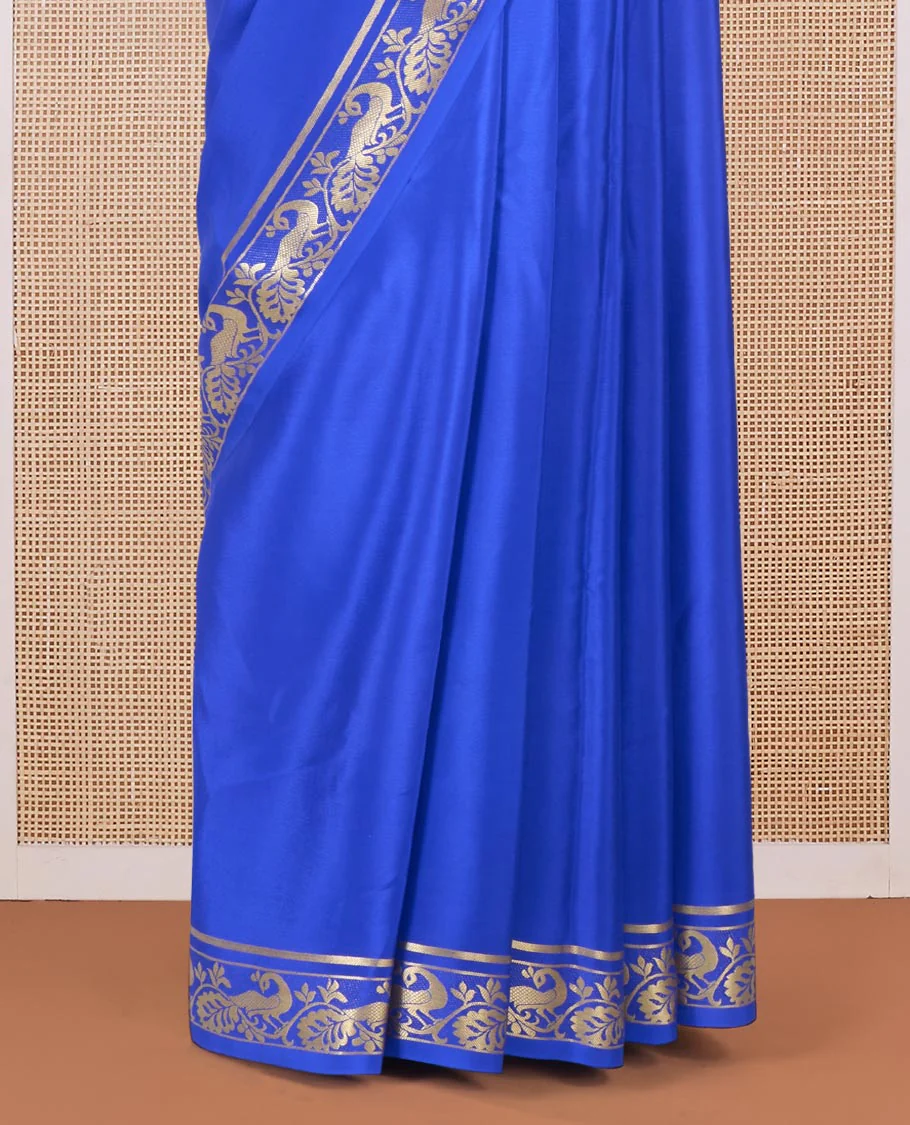 Royal blue plain Mysore silk saree, peacock motifs zari border l, and zari striped pallu - Image 4