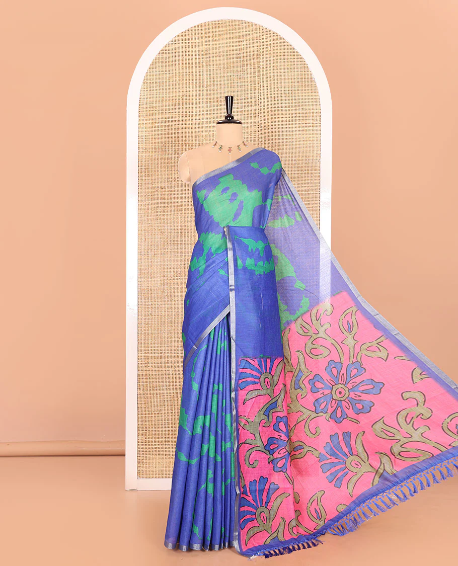 Royal blue shibori printed linen cotton saree, piping border, contrast floral printed pallu, and a contrast floral printed blouse