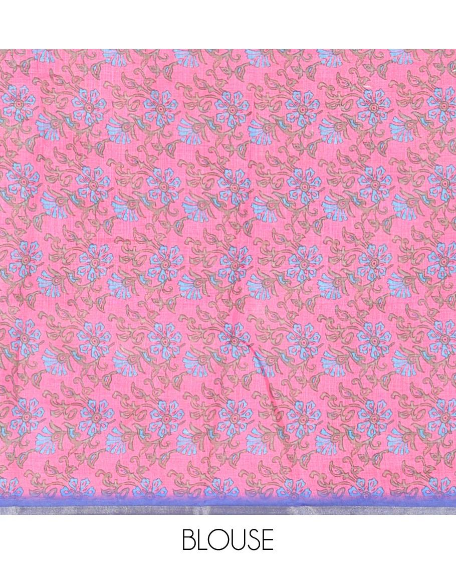 Royal blue shibori printed linen cotton saree, piping border, contrast floral printed pallu, and a contrast floral printed blouse - Image 3