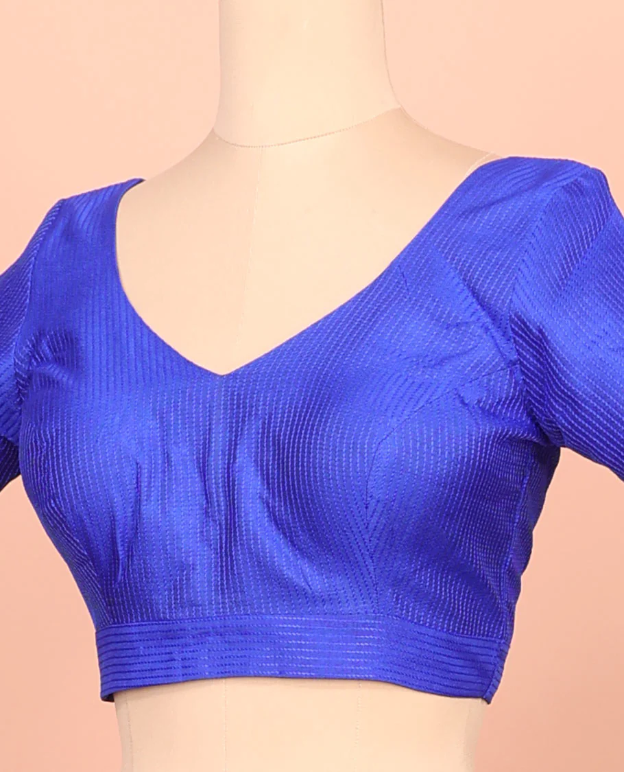 Royal blue thread work front-back leaf-neck elbow sleeve readymade blouse - Image 2