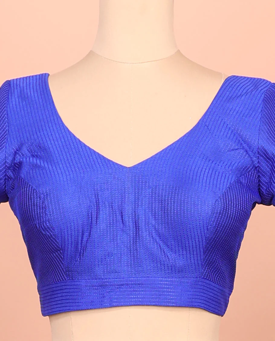 Royal blue thread work front-back leaf-neck elbow sleeve readymade blouse - Image 3
