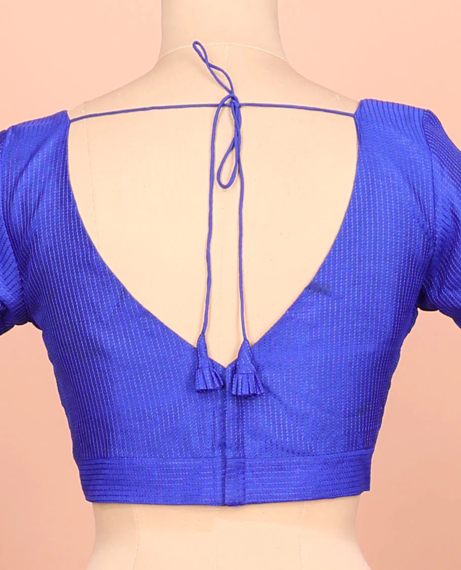 Royal blue thread work front-back leaf-neck elbow sleeve readymade blouse - Image 4