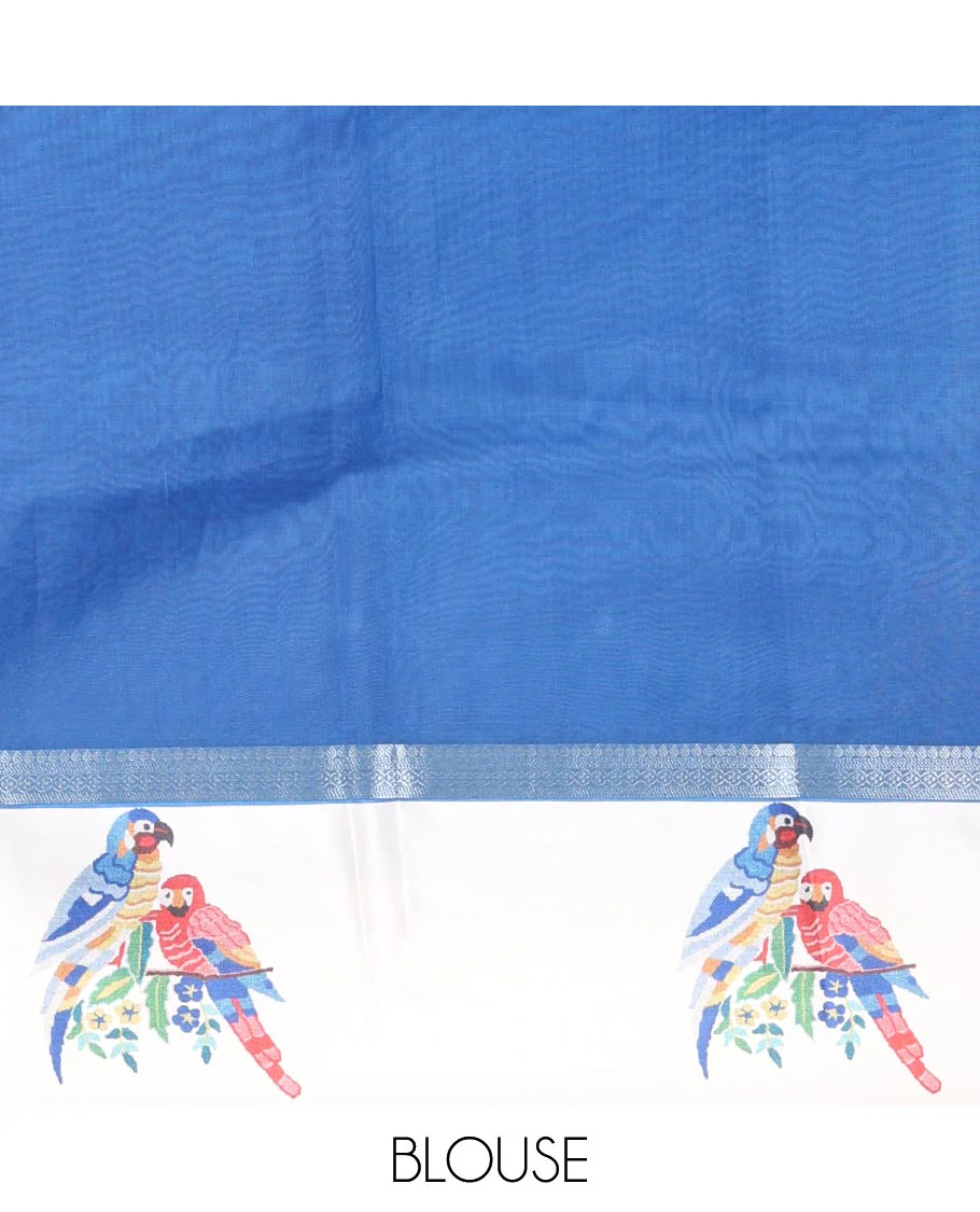 Royal blue zari buttas fancy organza saree, contrast satin with small zari border of macaw parrot motifs digital print, zari pallu, and a running blouse - Image 3