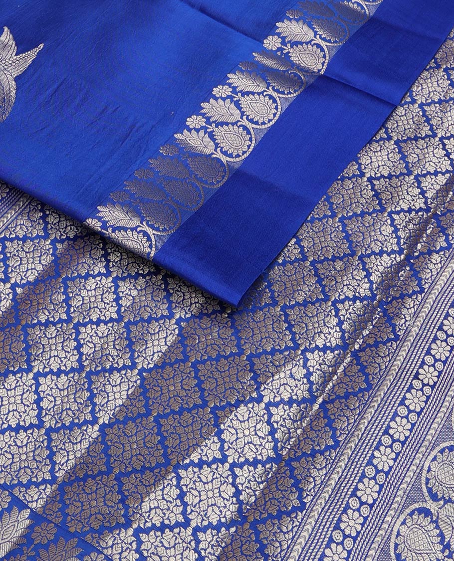 Royal blue zari buttas raw mango silk saree, floral-scallop border, and sliver color zari rich pallu of jaal design - Image 2