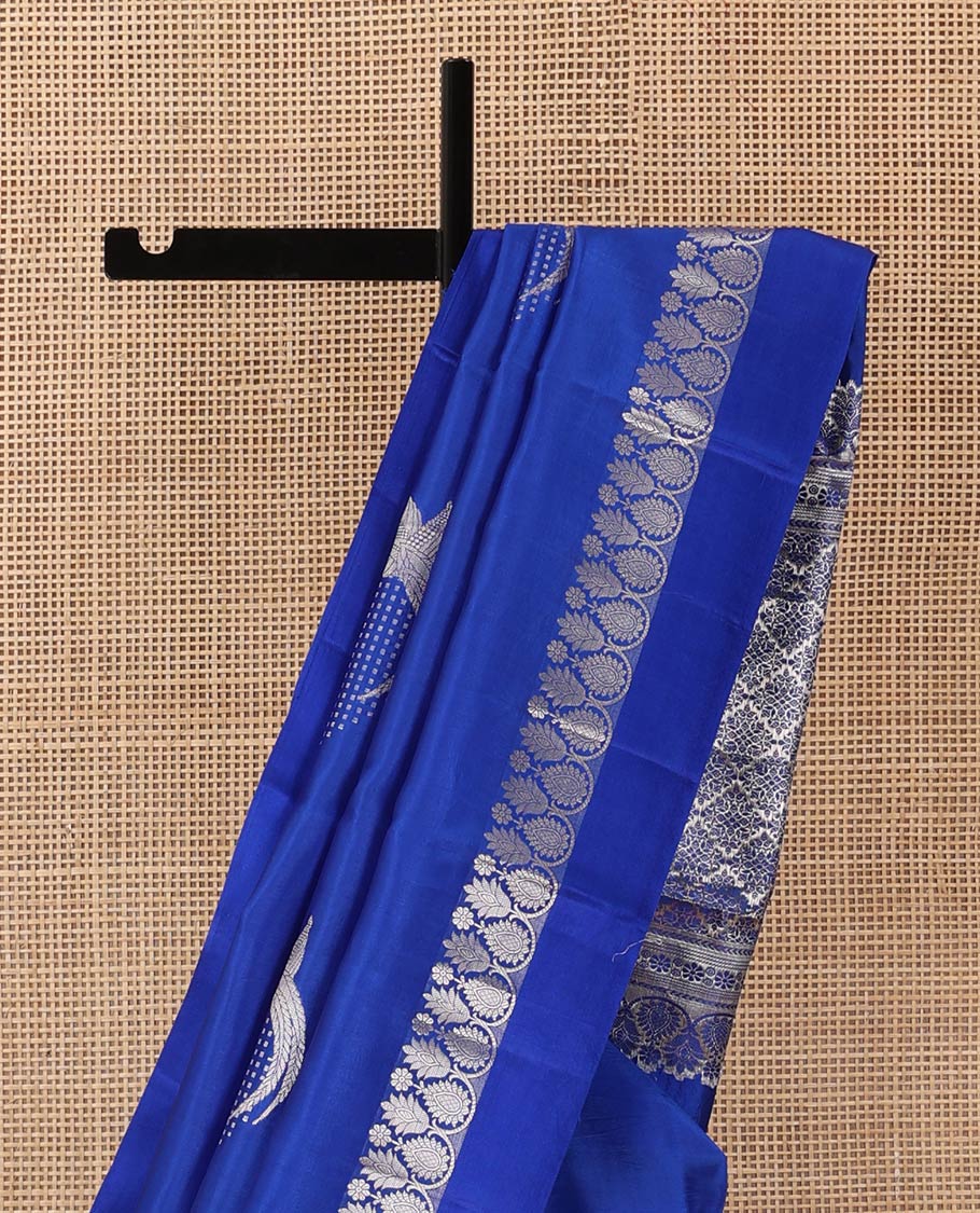 Royal blue zari buttas raw mango silk saree, floral-scallop border, and sliver color zari rich pallu of jaal design - Image 4