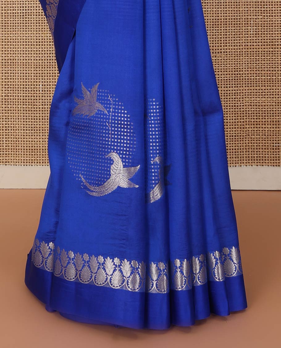 Royal blue zari buttas raw mango silk saree, floral-scallop border, and sliver color zari rich pallu of jaal design - Image 5