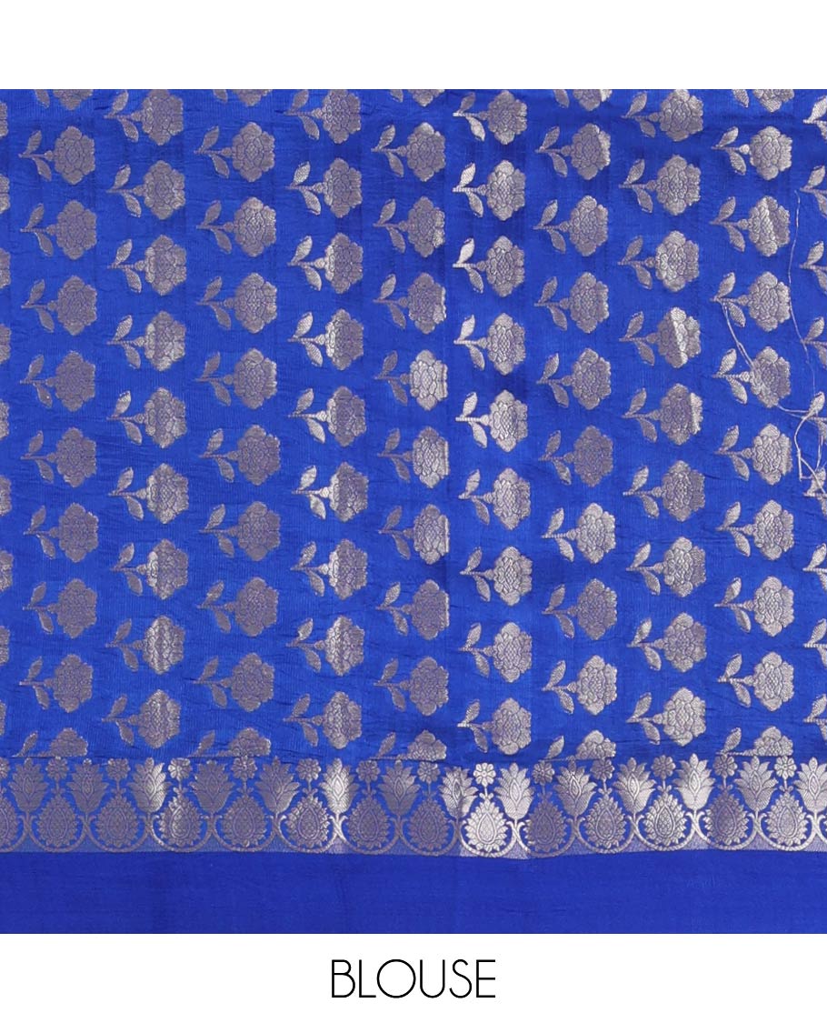 Royal blue zari buttas raw mango silk saree, floral-scallop border, and sliver color zari rich pallu of jaal design - Image 6