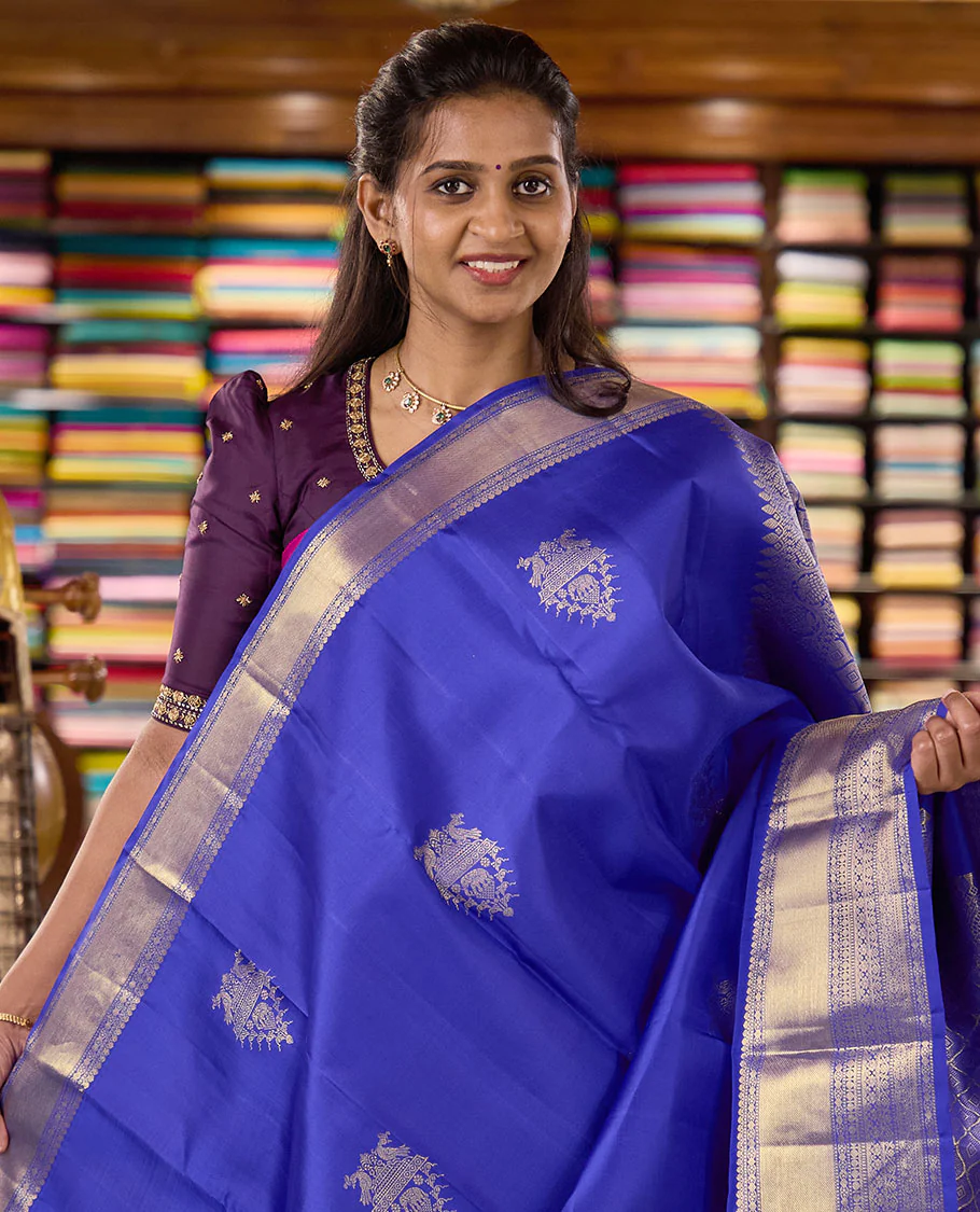 Royal blue zari buttas woven Kanchipuram silk saree, zari border of thilakam mokku, muthu, rudraksham, kodi visiry, chakram, and kathir designs, and jaal pallu - Image 2