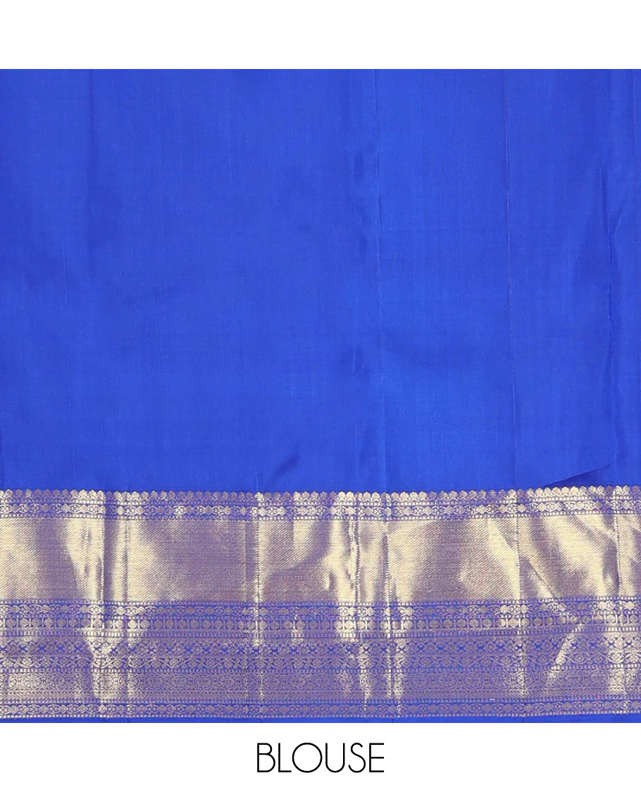 Royal blue zari buttas woven Kanchipuram silk saree, zari border of thilakam mokku, muthu, rudraksham, kodi visiry, chakram, and kathir designs, and jaal pallu - Image 7