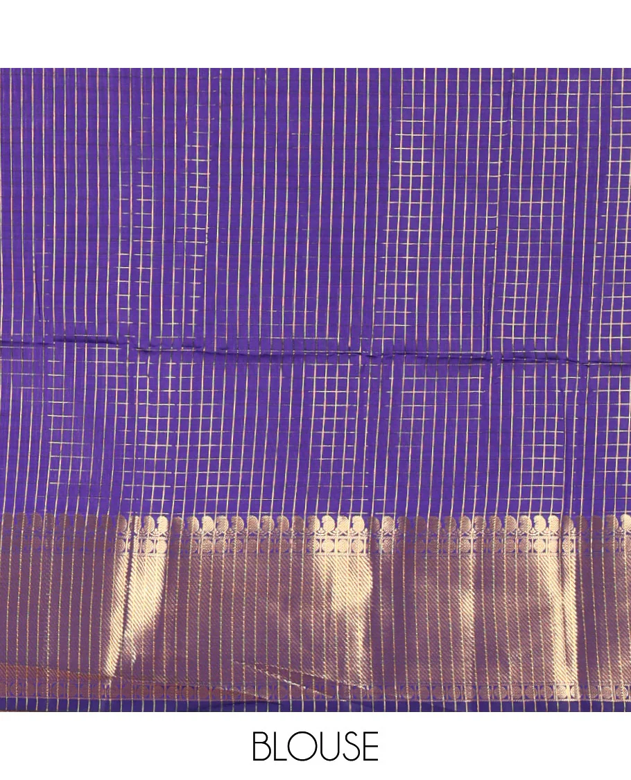 Royal blue zari checked semi-katan silk saree, traditional zari border, zari-rich pallu, and a matching blouse - Image 3