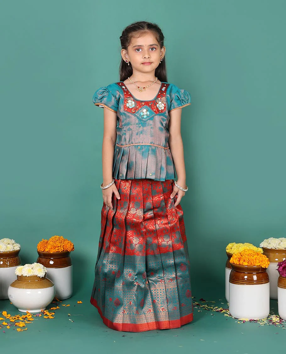 Rust art silk pavadai readymade set, jacquard with contrast traditional zari border skirt, contrast jacquard embroidered round neck puff-sleeve blouse - Image 4