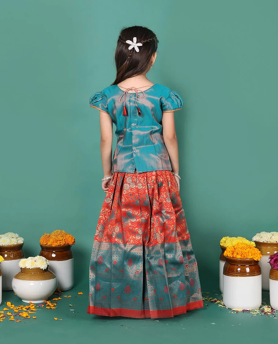 Rust art silk pavadai readymade set, jacquard with contrast traditional zari border skirt, contrast jacquard embroidered round neck puff-sleeve blouse - Image 5
