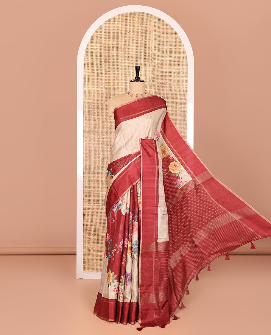 Rust diagonal floral striped digital printed fancy tussar saree, contrast striped border, zari design pallu, and a contrast floral printed blouse