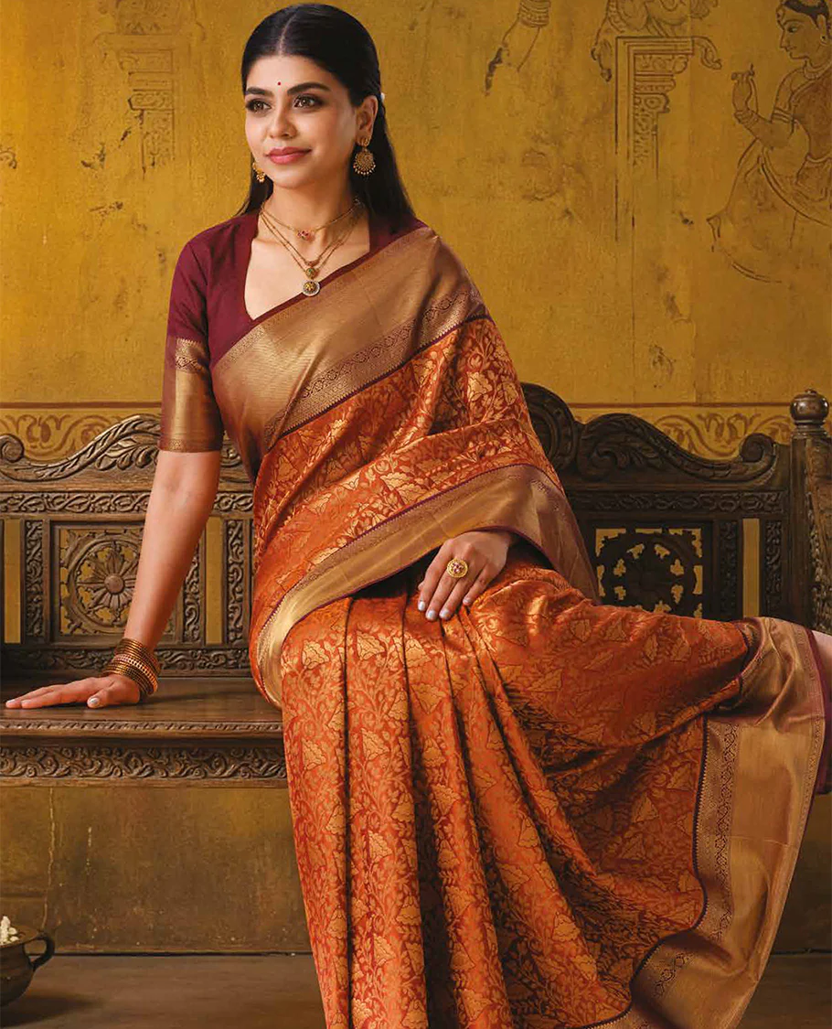 Rust floral jacquard kanchipuram wedding silk saree, contrast traditional zari design border, and intricate pallu - Image 2