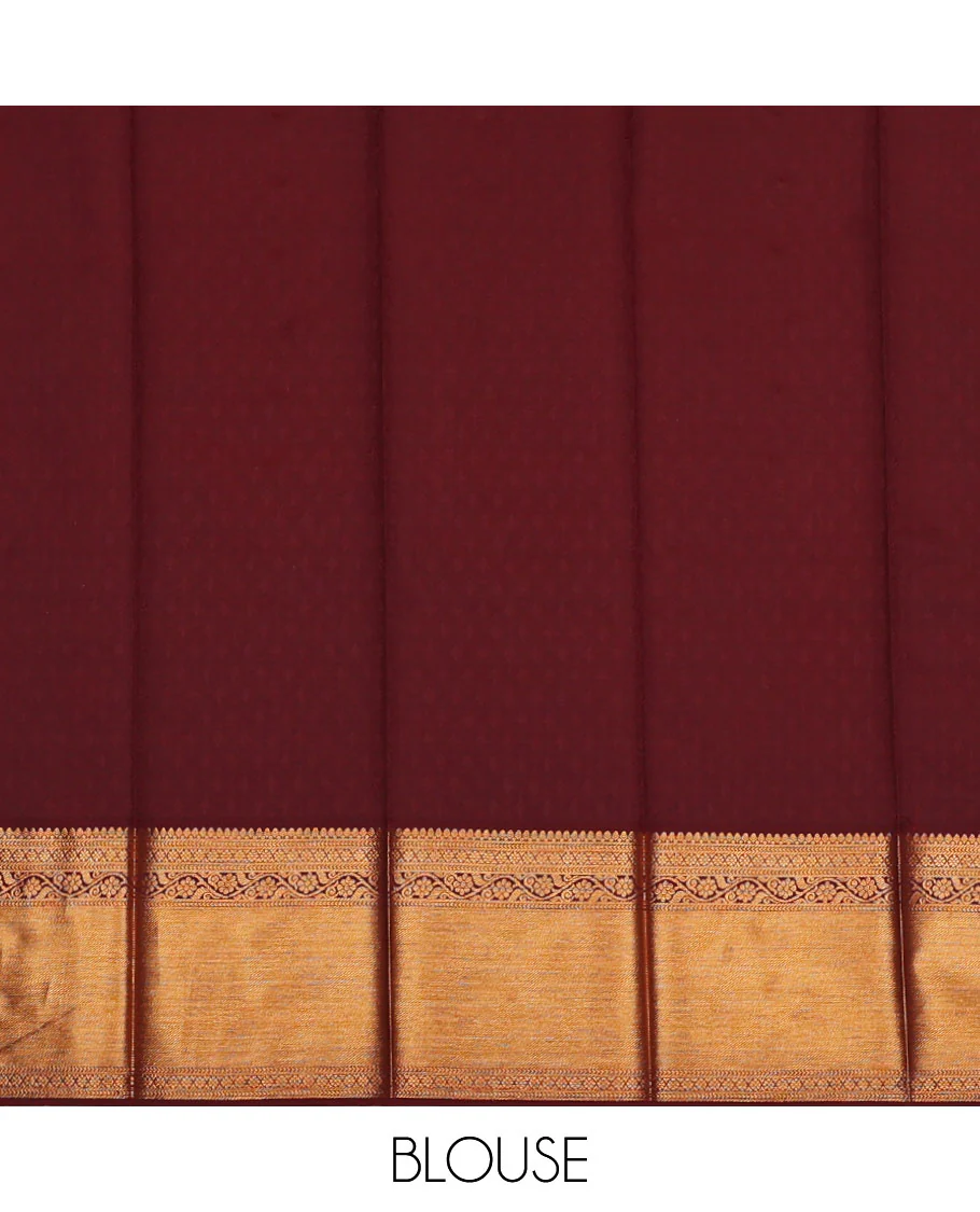 Rust floral jacquard kanchipuram wedding silk saree, contrast traditional zari design border, and intricate pallu - Image 3