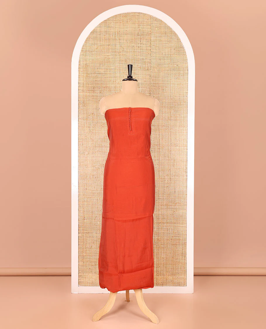 Rust material chudidar set, plain with pom-pom tasseled mul chanderi top, a matching bottom, and organza dupatta of stripes - Image 4
