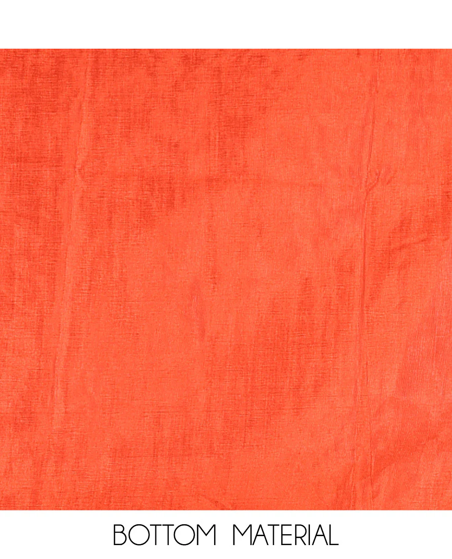Rust material chudidar set, plain with pom-pom tasseled mul chanderi top, a matching bottom, and organza dupatta of stripes - Image 5