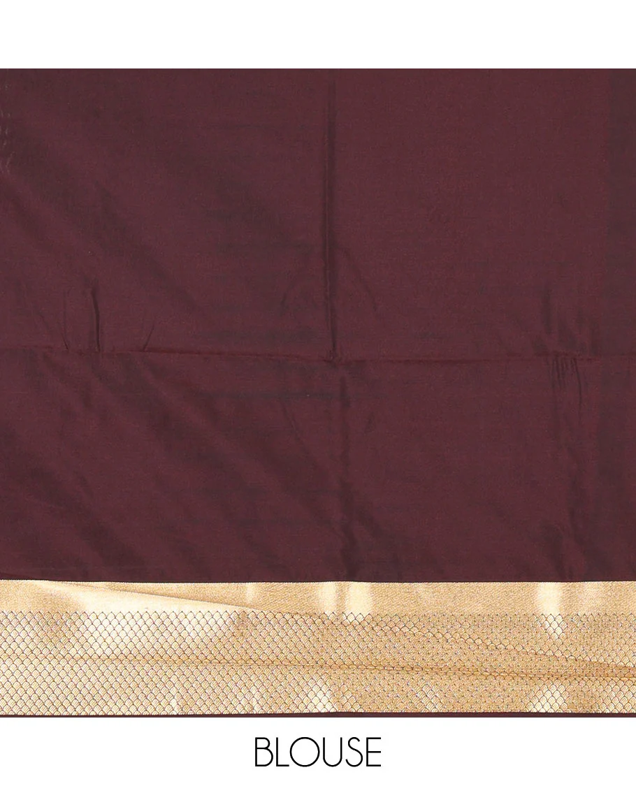 Rust orange and coffee brown zari buttas semi-soft silk saree, contrast peacock border, traditional zari design pallu, and a contrast zari bordered blouse - Image 3