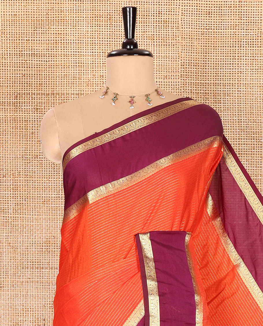 Rust Orange Art Crepe Saree Gleamed with Horizontal Zari Stripes Running Across the Body, Complemented with a Rettai Pettu Traditional Zari Border, Pallu of Zari Stripes, and a Contrast Zari Woven Blouse - Image 2