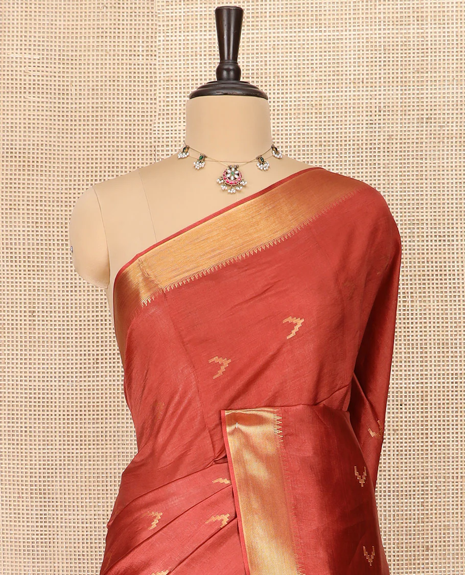 Rust Orange Banana Pith Saree Decorated with Zari Temple Buttas, Delicately Woven Temple Zari Border, Gleaming Zari Pallu of Horizontal Stripes in Zari, and Paired with a Matching Plain Blouse - Image 2
