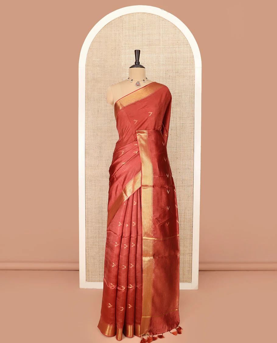 Rust Orange Banana Pith Saree Decorated with Zari Temple Buttas, Delicately Woven Temple Zari Border, Gleaming Zari Pallu of Horizontal Stripes in Zari, and Paired with a Matching Plain Blouse - Image 3
