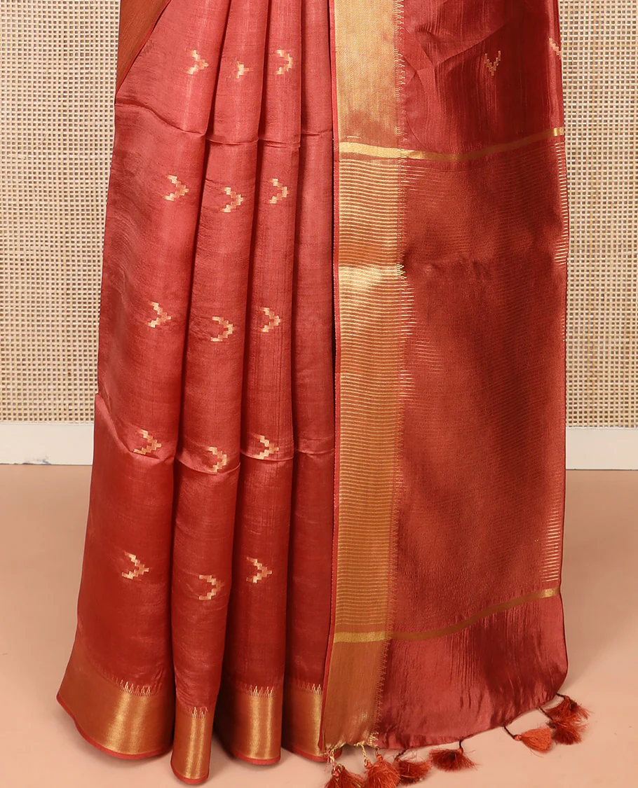 Rust Orange Banana Pith Saree Decorated with Zari Temple Buttas, Delicately Woven Temple Zari Border, Gleaming Zari Pallu of Horizontal Stripes in Zari, and Paired with a Matching Plain Blouse - Image 4