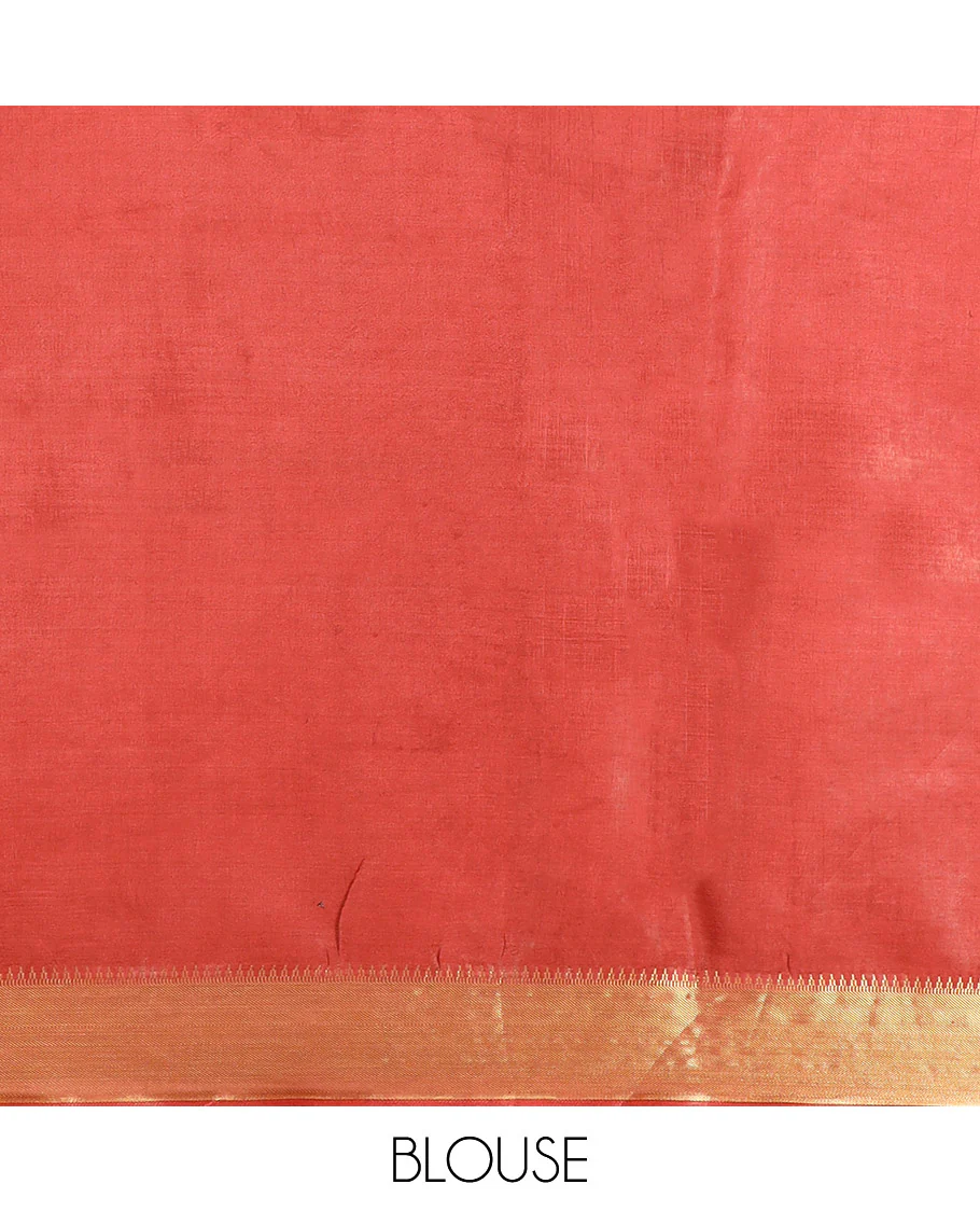 Rust Orange Banana Pith Saree Decorated with Zari Temple Buttas, Delicately Woven Temple Zari Border, Gleaming Zari Pallu of Horizontal Stripes in Zari, and Paired with a Matching Plain Blouse - Image 5