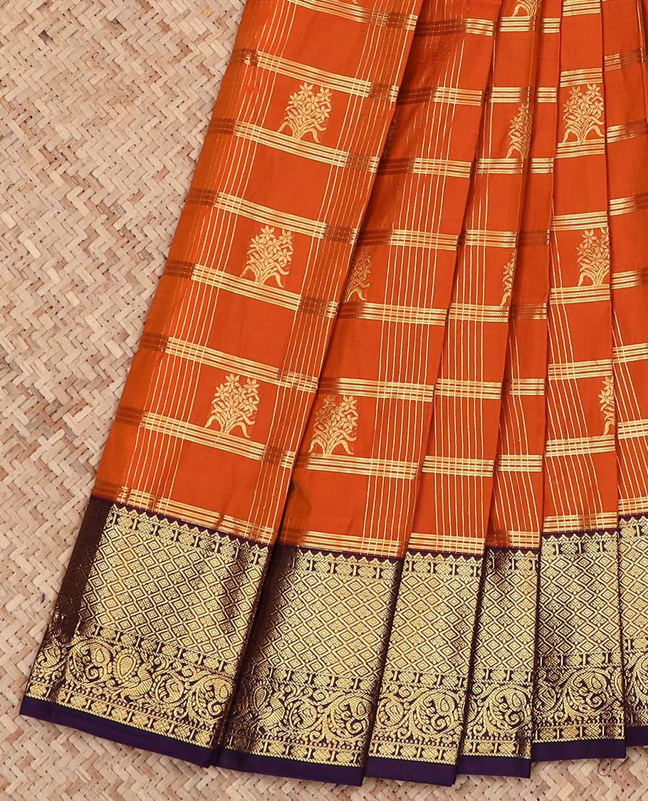 Rust Orange Budget Silk Saree Woven with Zari Buttas and Stripes, Complemented by a Contrast Traditional Zari Border, Zari Embellished Pallu, and Paired with a Contrast Blouse
