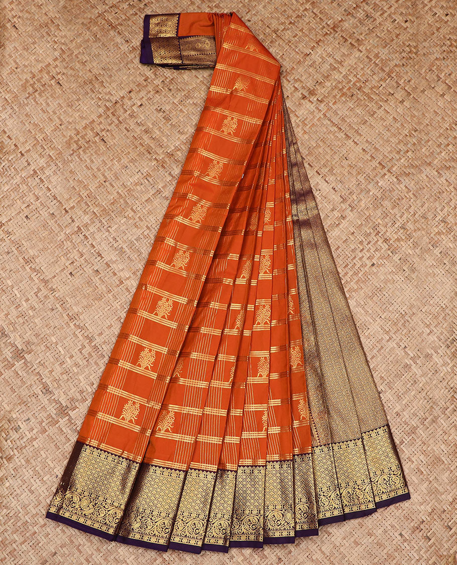 Rust Orange Budget Silk Saree Woven with Zari Buttas and Stripes, Complemented by a Contrast Traditional Zari Border, Zari Embellished Pallu, and Paired with a Contrast Blouse - Image 2