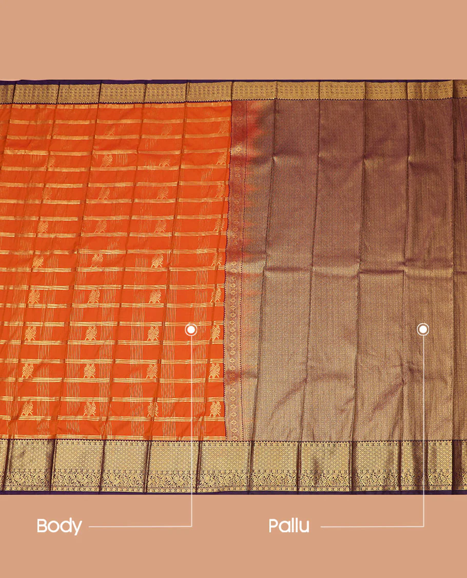 Rust Orange Budget Silk Saree Woven with Zari Buttas and Stripes, Complemented by a Contrast Traditional Zari Border, Zari Embellished Pallu, and Paired with a Contrast Blouse - Image 3
