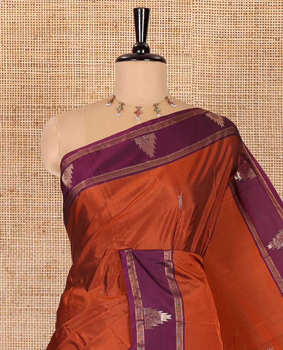 Rust orange buttas woven saree with contrast traditional temple border, and zari striped pallu - Image 3