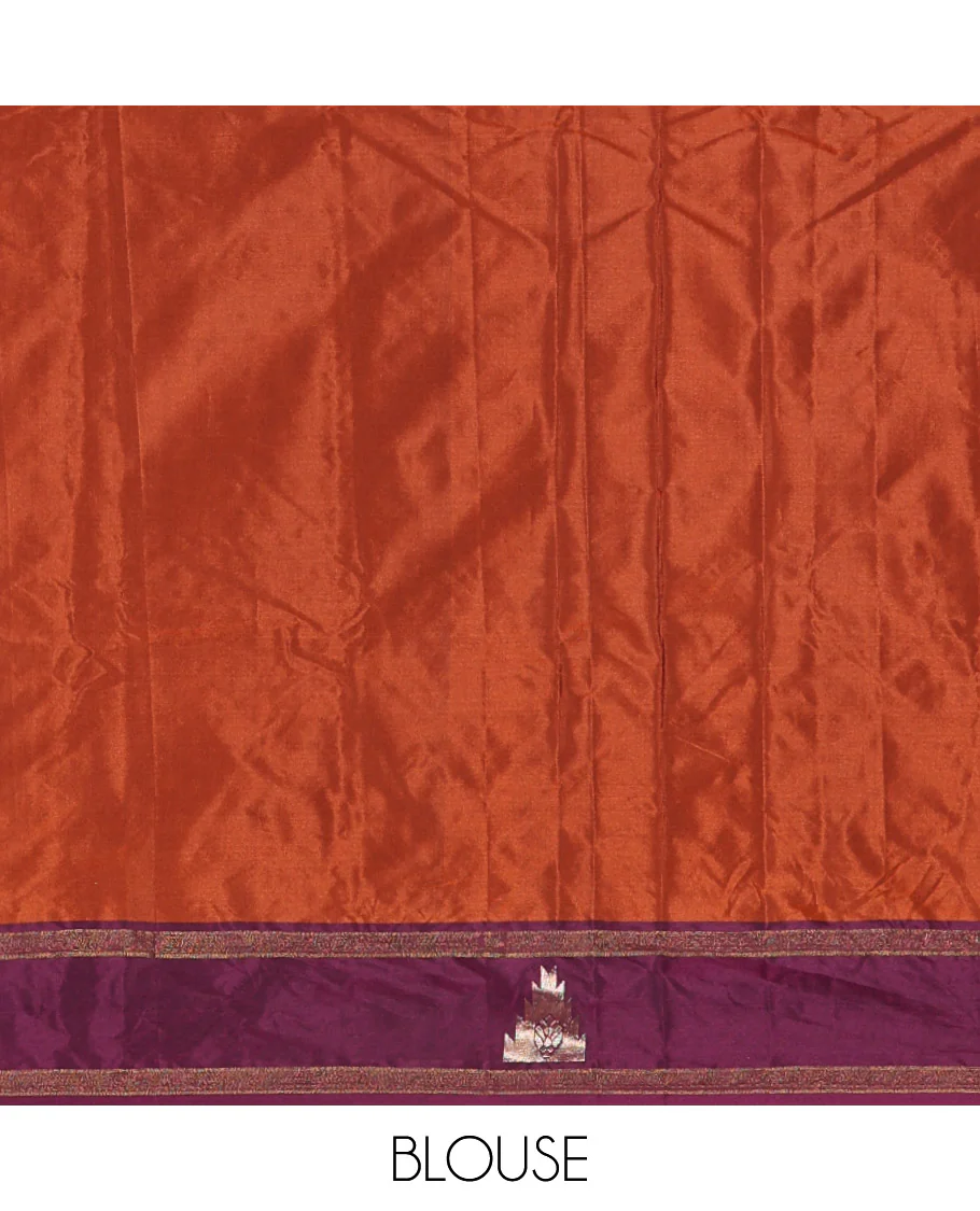 Rust orange buttas woven saree with contrast traditional temple border, and zari striped pallu - Image 4