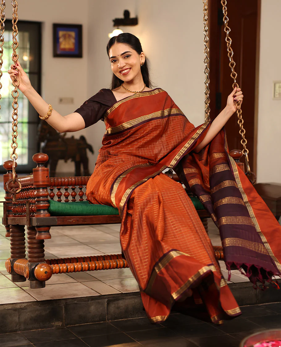 Rust Orange Mayuri Soft Silk Saree Graced with Medium-sized Zari Checks, Complemented by a Contrast Rettai Pettu Border of Rekku, Banaras, Kathir, and Star Vanki Designs, Pallu Elevated with Zari Designs, and Paired with a Contrast Blouse - Image 2
