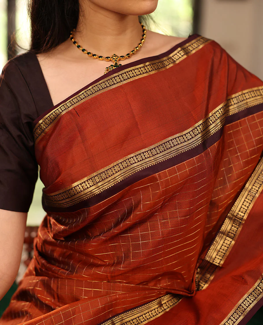 Rust Orange Mayuri Soft Silk Saree Graced with Medium-sized Zari Checks, Complemented by a Contrast Rettai Pettu Border of Rekku, Banaras, Kathir, and Star Vanki Designs, Pallu Elevated with Zari Designs, and Paired with a Contrast Blouse - Image 3