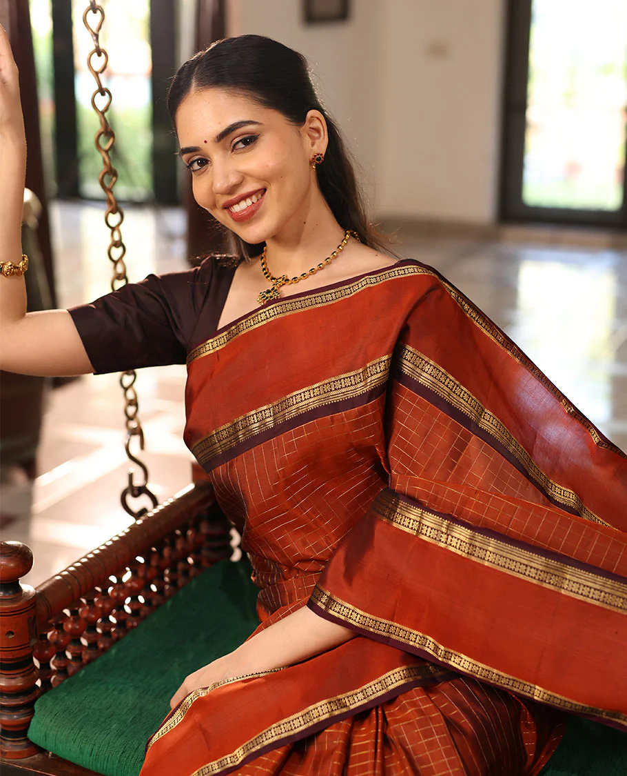 Rust Orange Mayuri Soft Silk Saree Graced with Medium-sized Zari Checks, Complemented by a Contrast Rettai Pettu Border of Rekku, Banaras, Kathir, and Star Vanki Designs, Pallu Elevated with Zari Designs, and Paired with a Contrast Blouse - Image 4