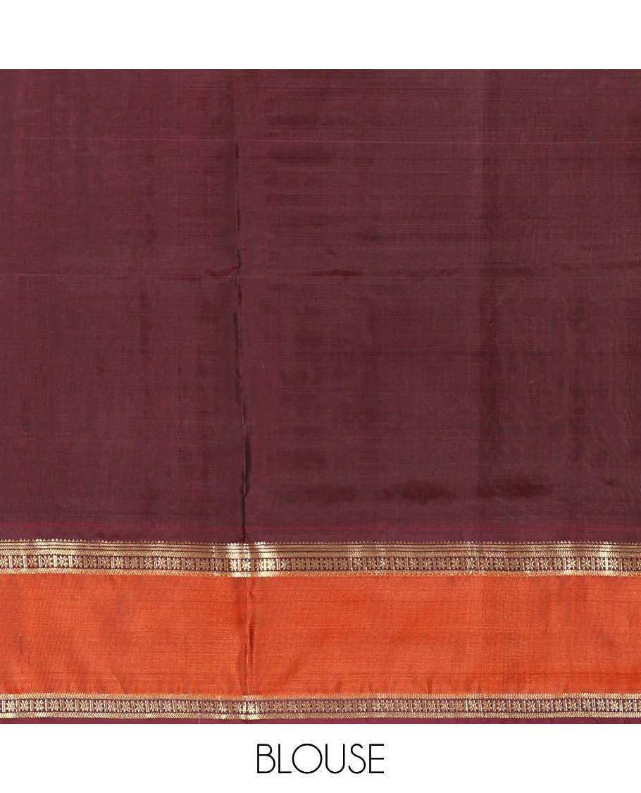 Rust Orange Mayuri Soft Silk Saree Graced with Medium-sized Zari Checks, Complemented by a Contrast Rettai Pettu Border of Rekku, Banaras, Kathir, and Star Vanki Designs, Pallu Elevated with Zari Designs, and Paired with a Contrast Blouse - Image 5