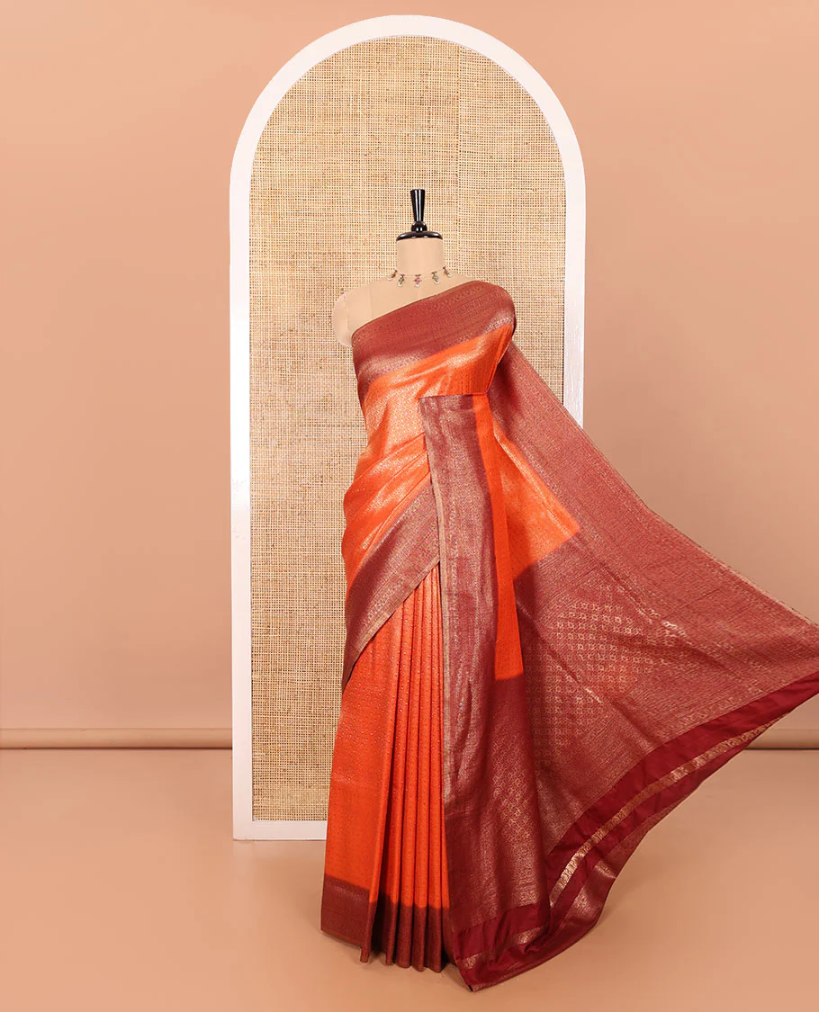Rust Orange Luxury Soft Silk Saree Featuring Diamond Jacquard Design on Its Body, Highlighted with a Contrast Traditional Zari Border, Pallu Decked Up with Jaal Designs, and Paired with a Contrast Jacquard Blouse