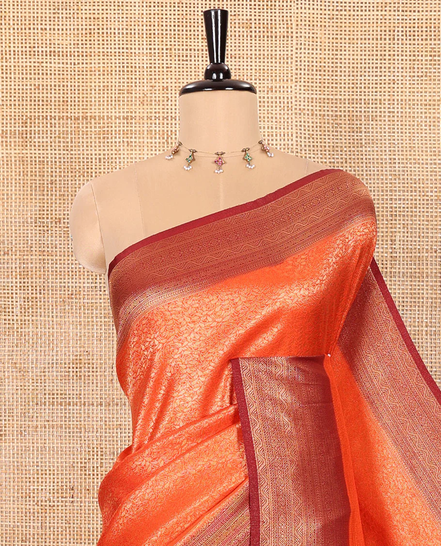 Rust Orange Luxury Soft Silk Saree Featuring Leaf Jacquard Design on Its Body, Highlighted with a Contrast Traditional Zari Design Border, Pallu Decked Up with Intricate Designs, and Paired with a Contrast Jacquard Blouse - Image 2