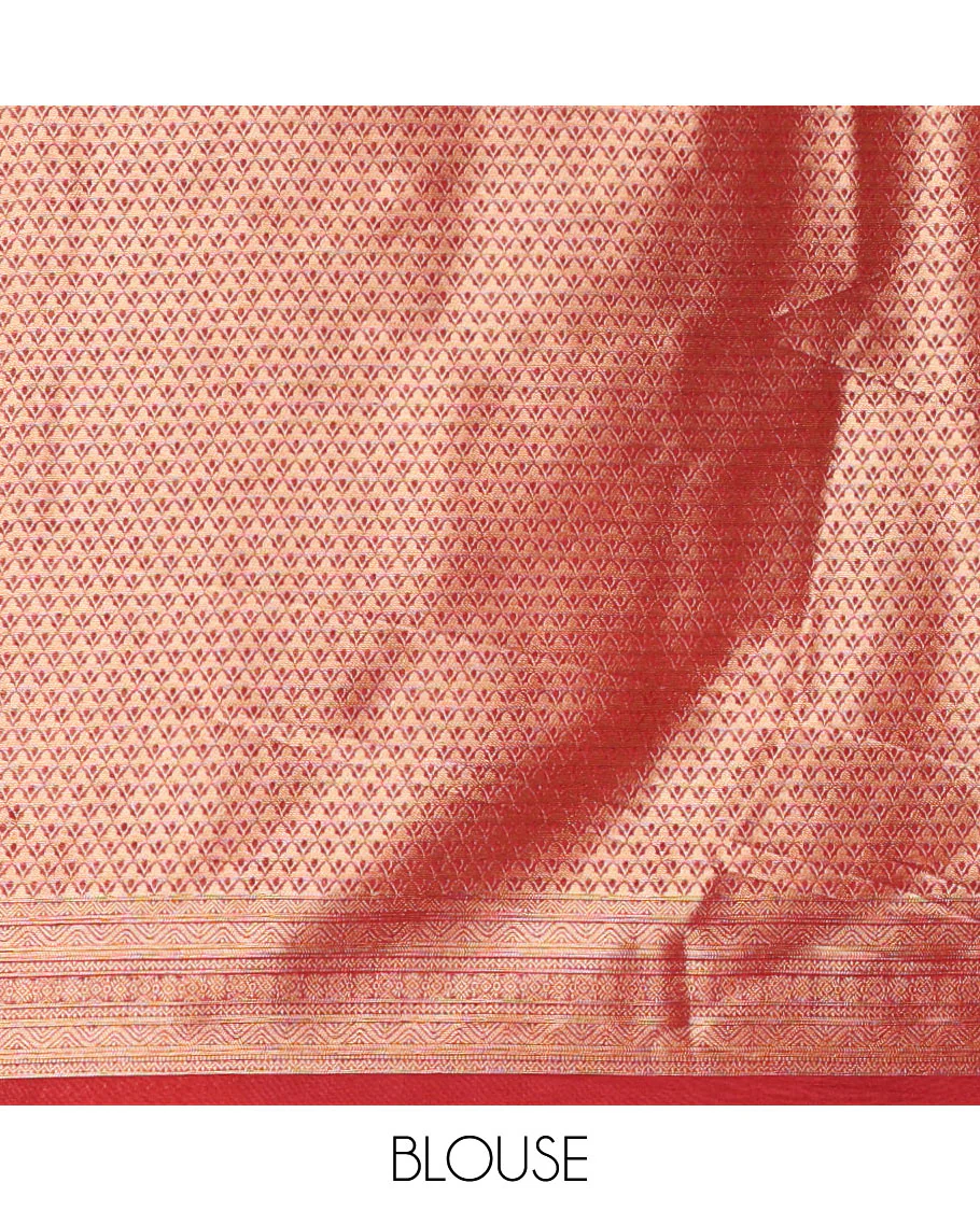 Rust Orange Luxury Soft Silk Saree Featuring Leaf Jacquard Design on Its Body, Highlighted with a Contrast Traditional Zari Design Border, Pallu Decked Up with Intricate Designs, and Paired with a Contrast Jacquard Blouse - Image 3