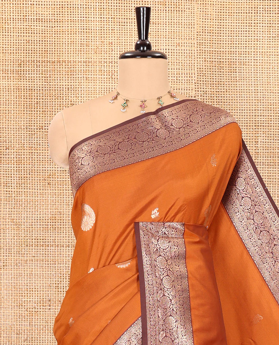 Rust orange manga buttas kanchi soft-silk saree, contrast traditional zari border of floral creeper designs, intricate pallu, and a contrast zari design blouse - Image 2