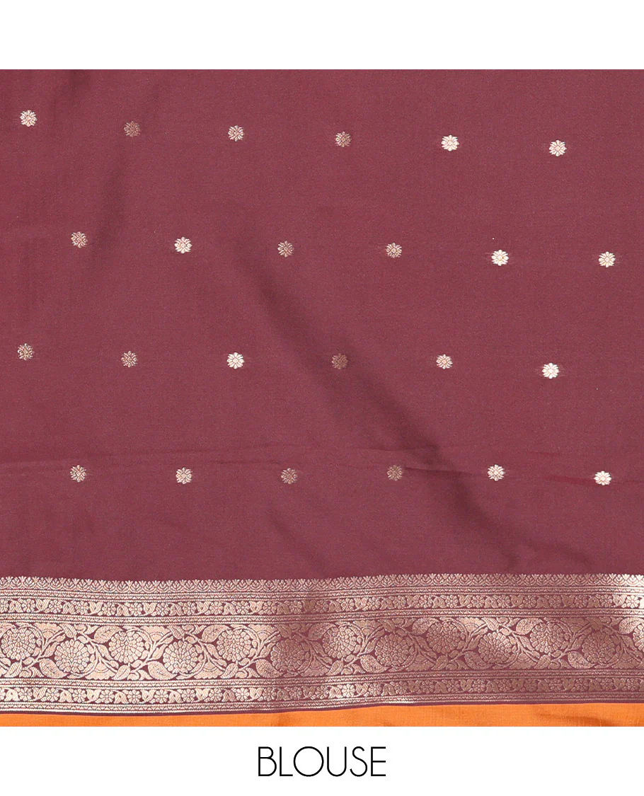 Rust orange manga buttas kanchi soft-silk saree, contrast traditional zari border of floral creeper designs, intricate pallu, and a contrast zari design blouse - Image 3