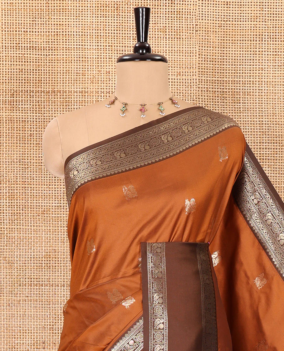 Rust orange peacock zari buttas kanchi soft-silk saree, contrast traditional zari design rettai pettu border, zari-rich intricate pallu, and a contrast zari design blouse - Image 2