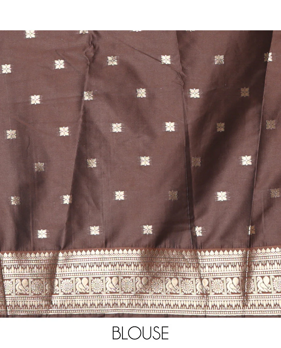 Rust orange peacock zari buttas kanchi soft-silk saree, contrast traditional zari design rettai pettu border, zari-rich intricate pallu, and a contrast zari design blouse - Image 3